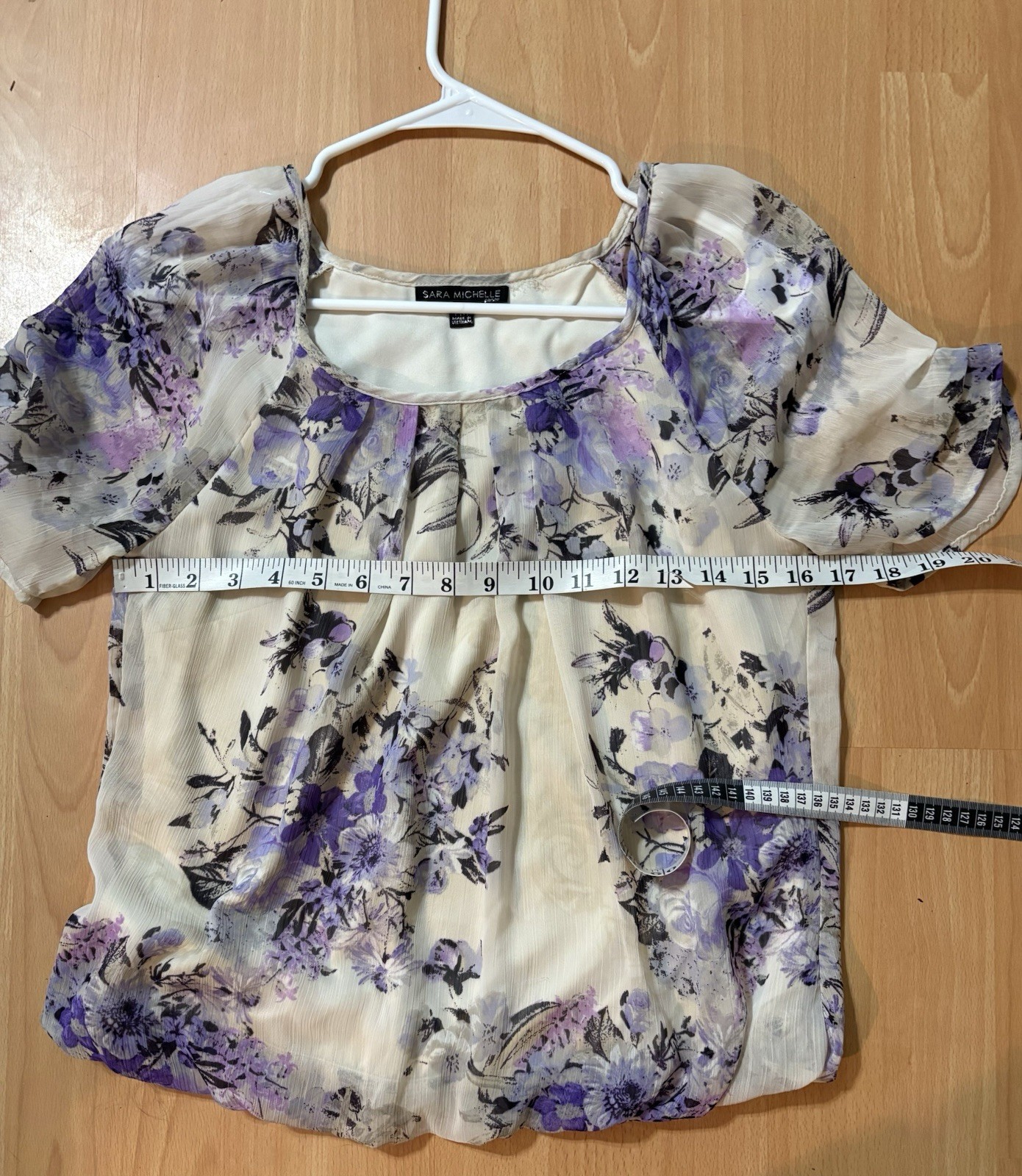 Sara Michelle PM Blouse Bubble Hem Purple Floral Chiffon Petite Romantic Top