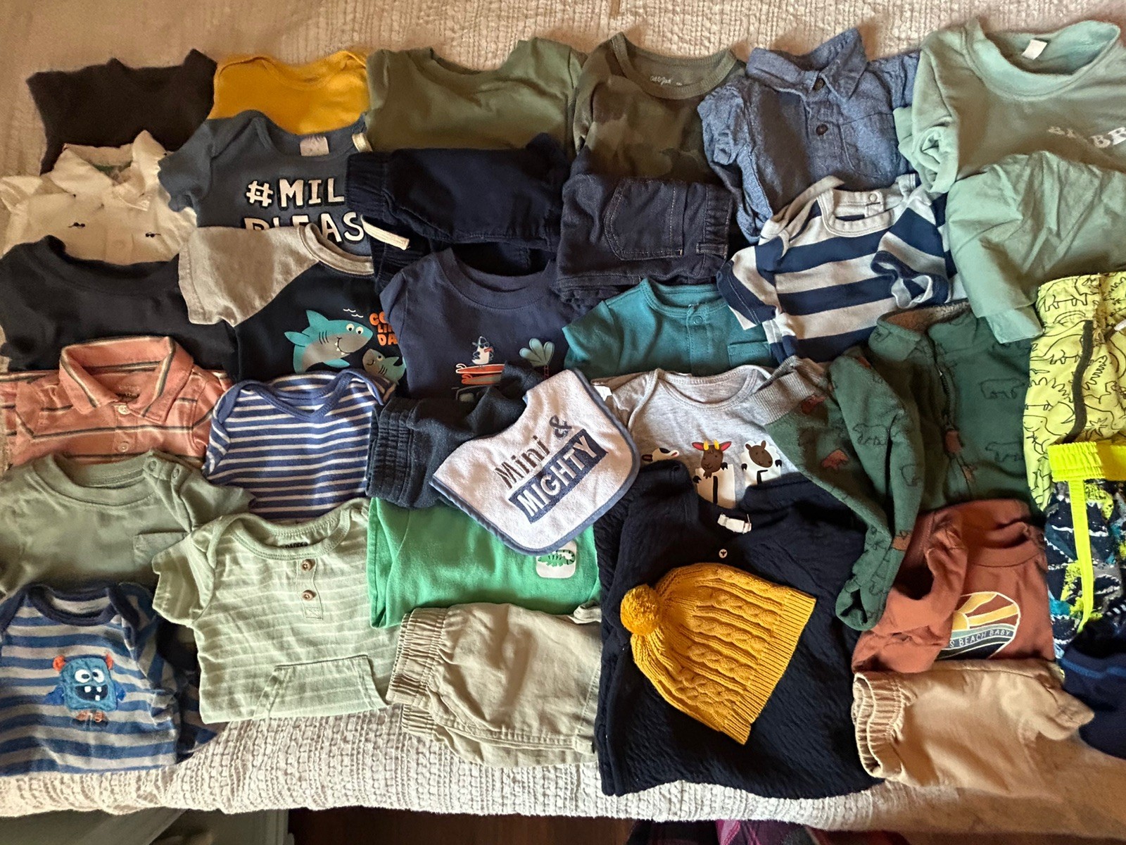 Huge 50 piece Baby boy clothing lot size 12 months EUC sleepers outfits