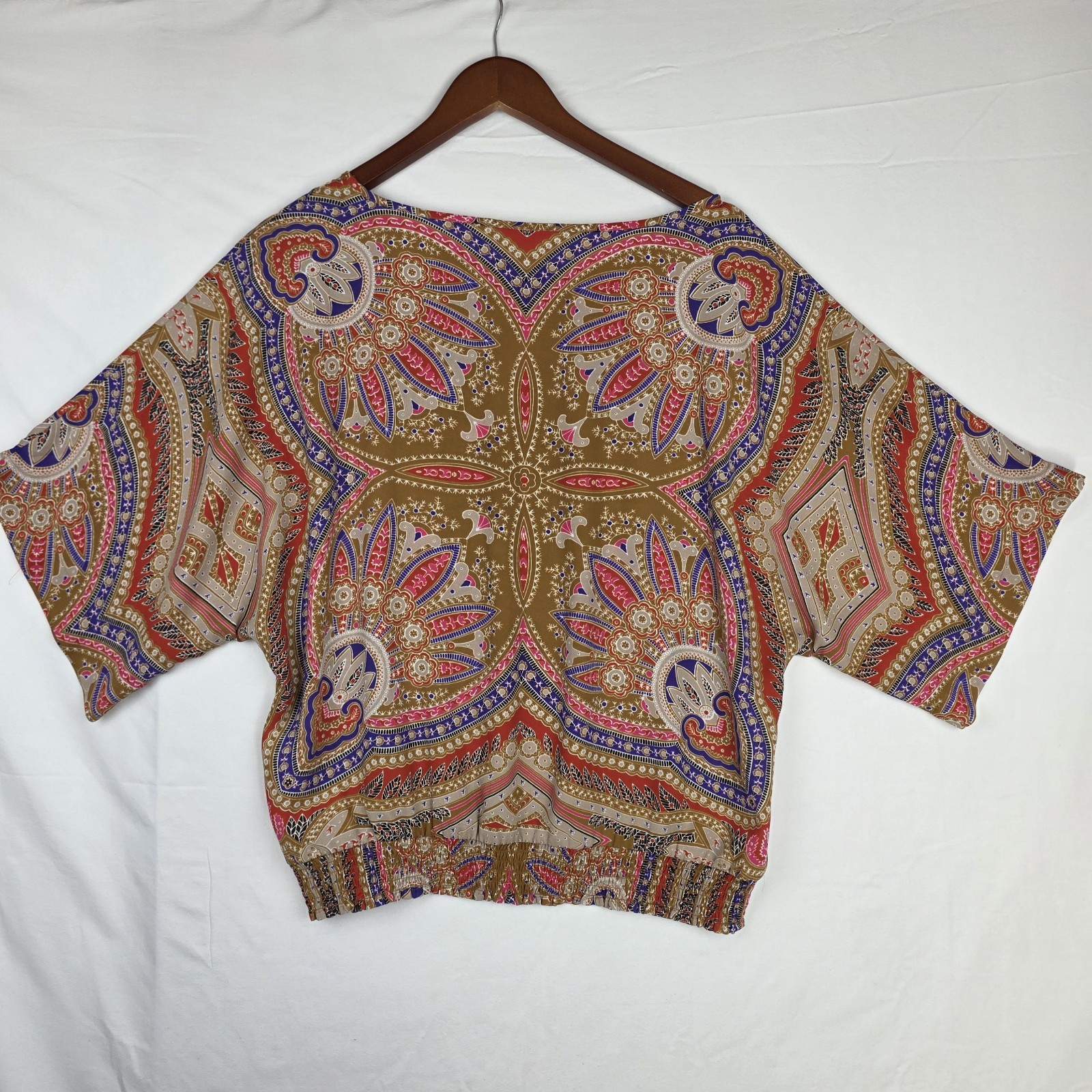 Bohemian Sheer Blouse M Relaxed Banded Hem Kimono Sleeves Boho Chic Boxy Gold