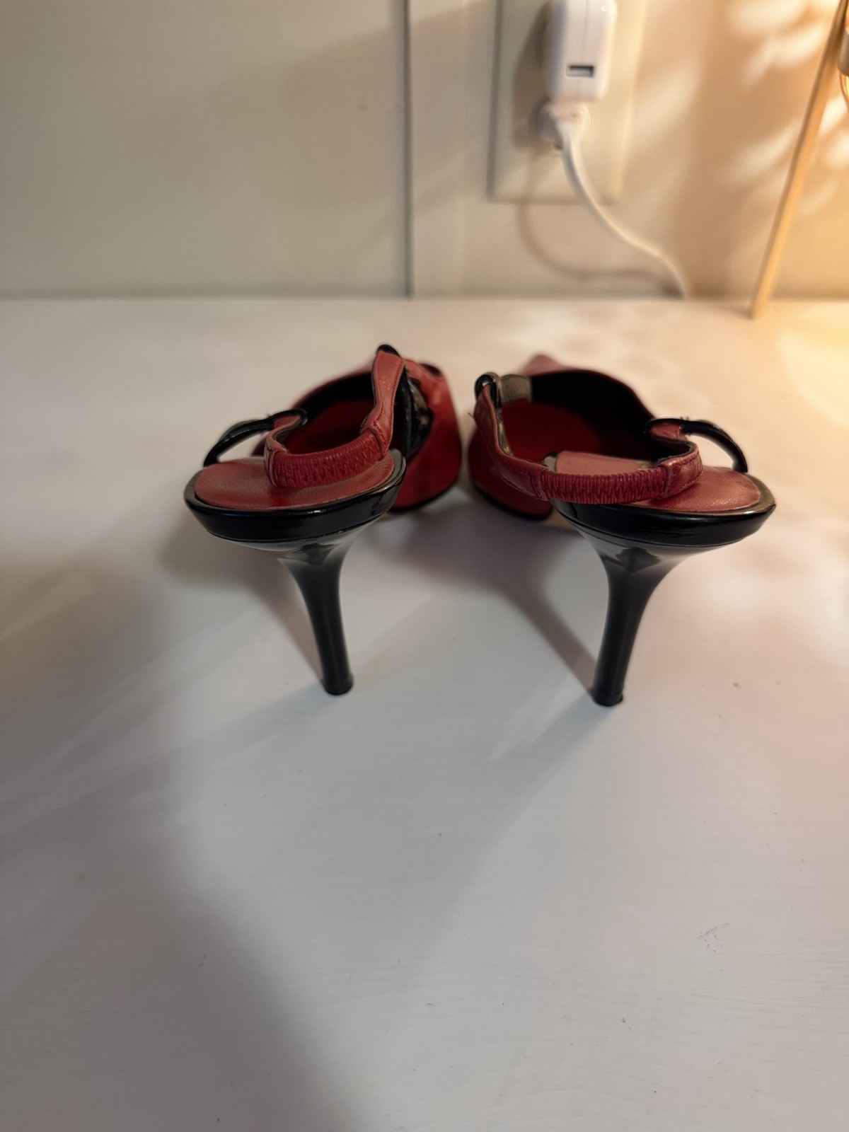 bebe Women’s Red/Black Leather Pointed Toe Slingback Stiletto Buckle 8