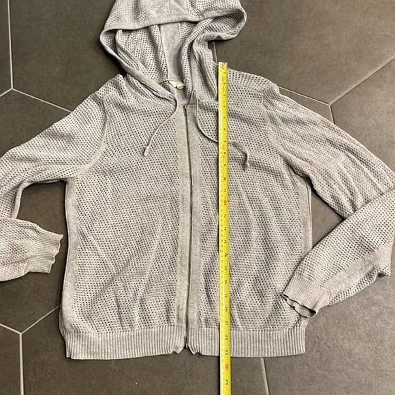 Eileen Fisher Gray Open Weave Hoodie Zip Front Sweater M