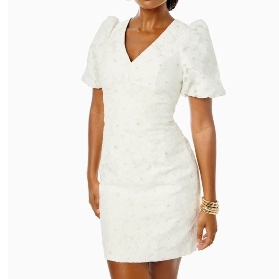 Lilly Pulitzer Citra Embroidered Puff Sleeve Floral Shift Dress White Gold 00