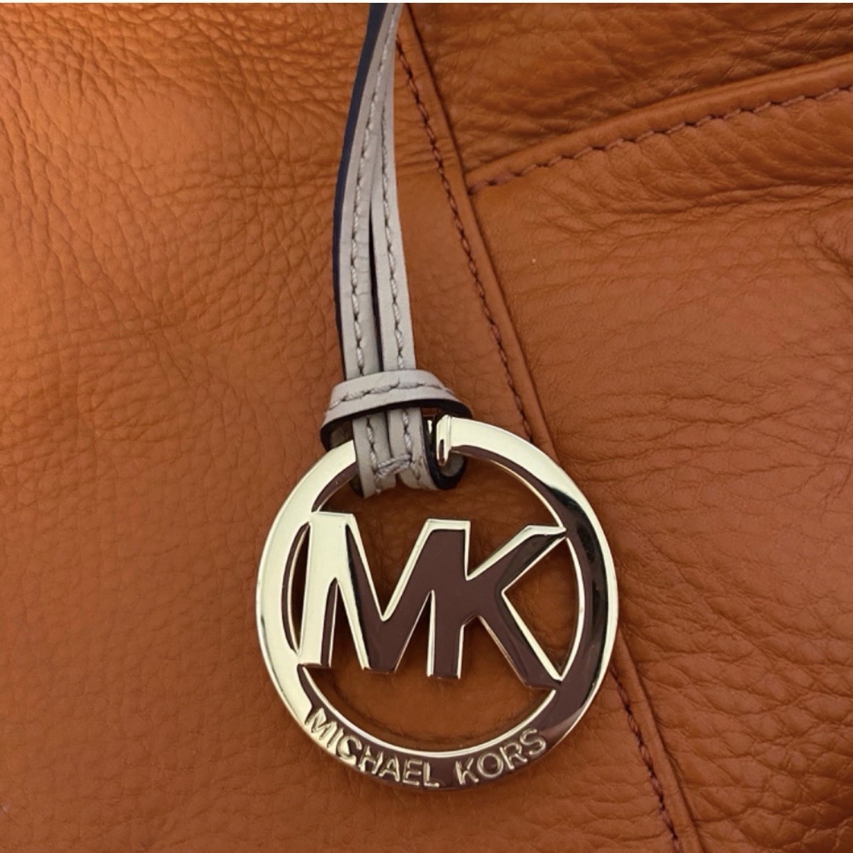 Michael Kors Large Orange Tote Zip Top w/ MK Charm, Beige Straps, Gold HW