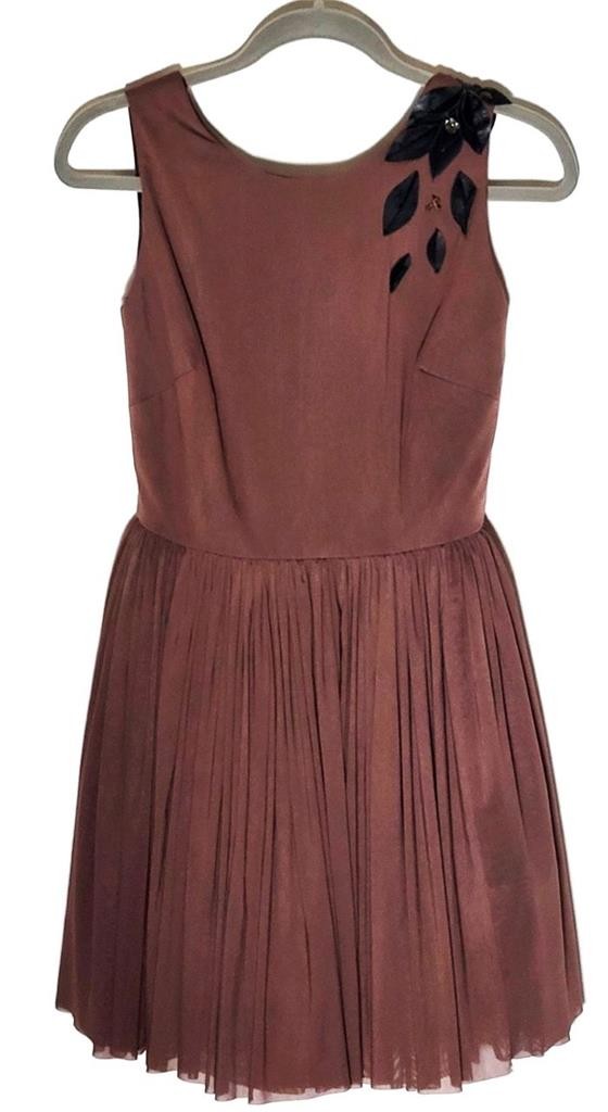ALLISON PARRIS 2 Plum Fit Flare Faux Silk Dress Lined Leather Rhinestone Trim