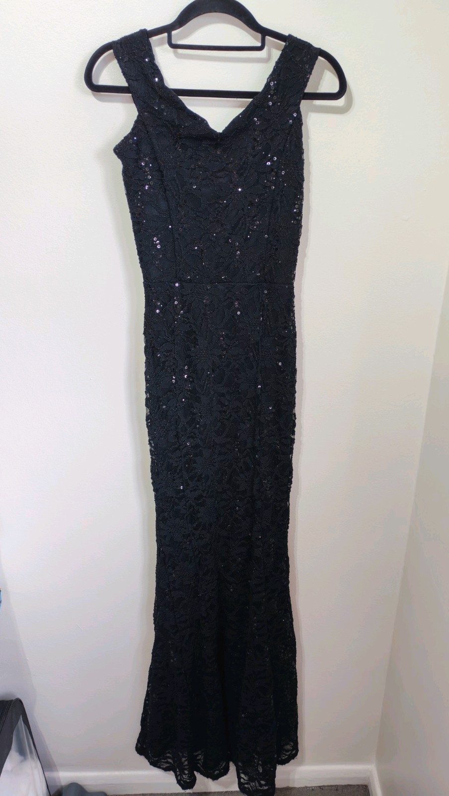 Quiz Black Sequin Lace Fishtail Long Maxi Dress 6 8 Prom Cruise Black Tie