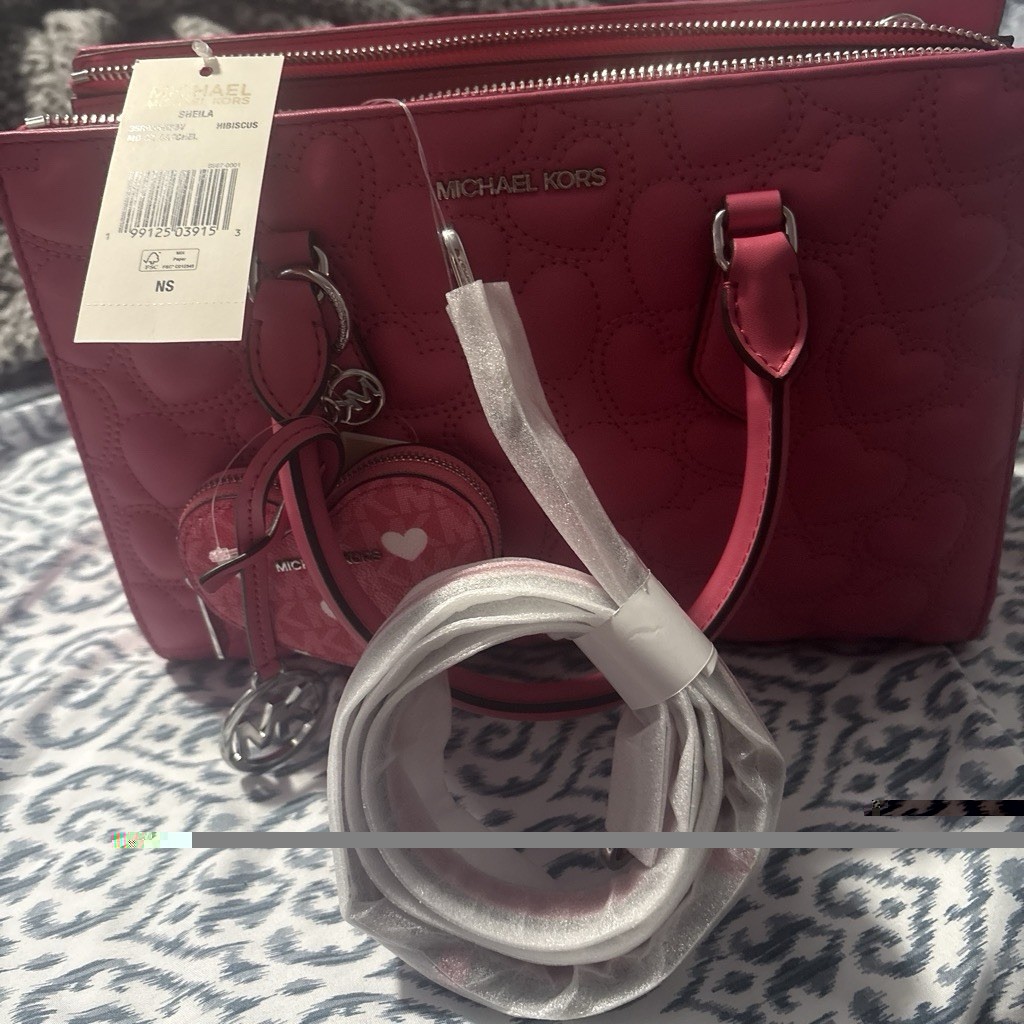 Michael Kors Medium Satchel Hibiscus Quilted Heart Charm Zip Crossbody Strap