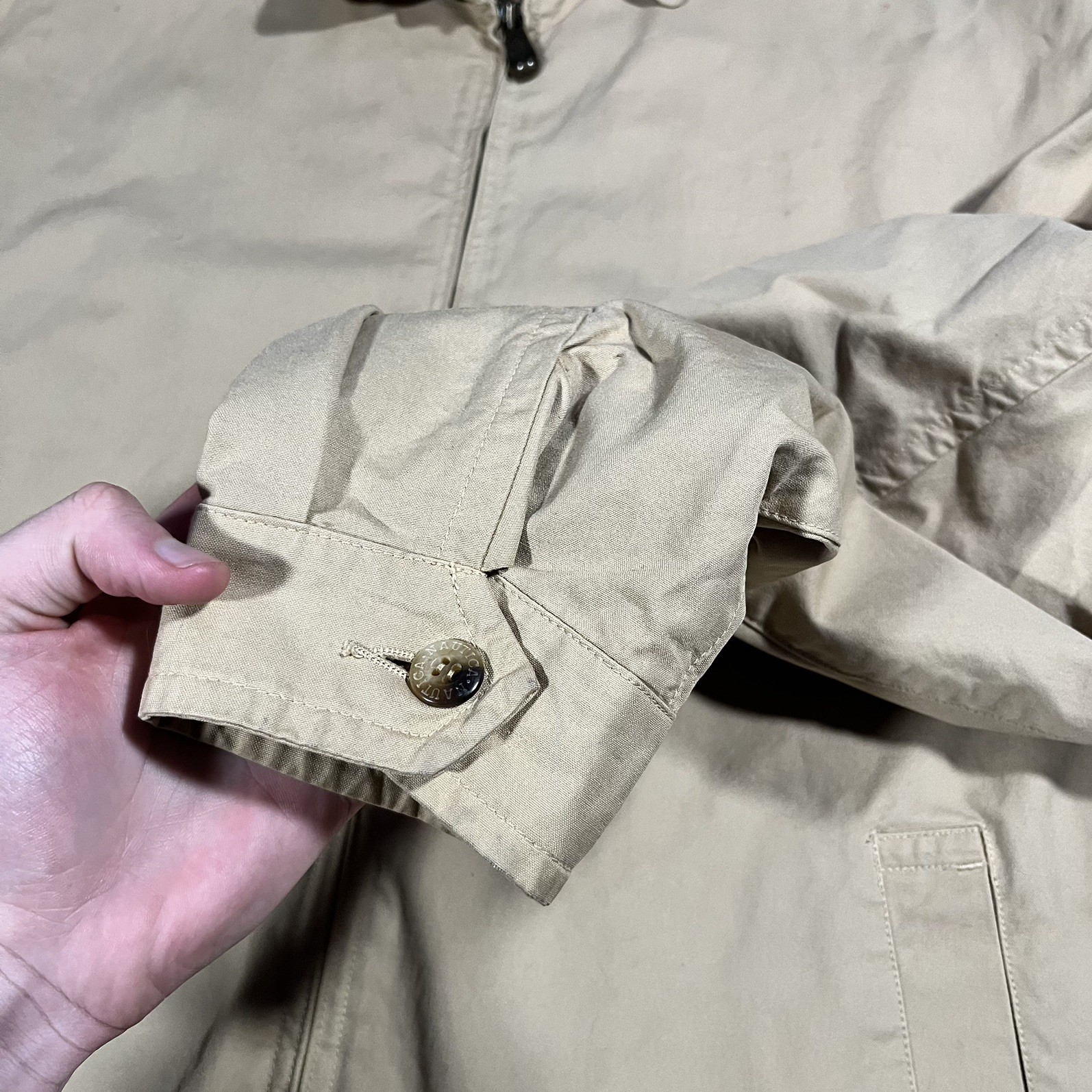 vtg Nautica Jacket Mens XL Beige Bomber Zip Up Cotton Lined Classic