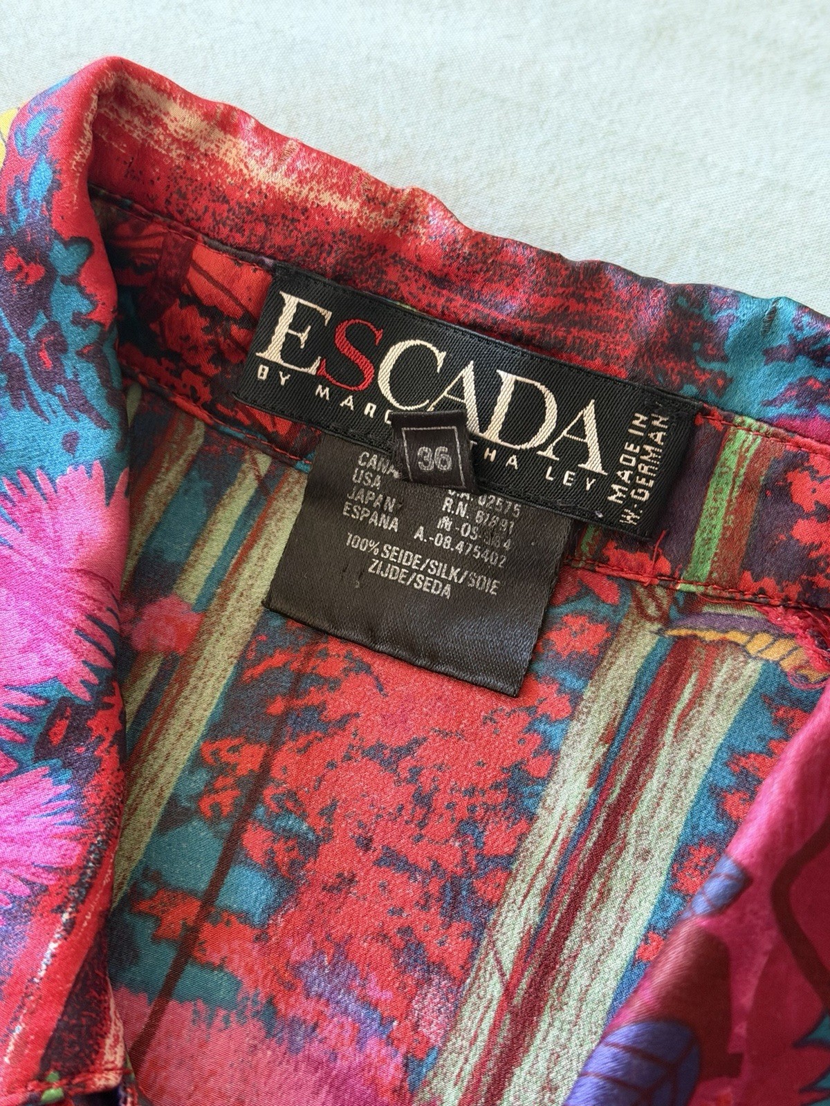 Vintage Escada Silk Blouse Button Up Neon Animal Forest Print Maximalism 36 S/M