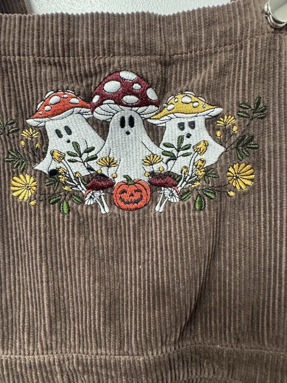 Thorn & Fable Ghost Mushroom Corduroy Skirtall Brown Embroidered S Overall Dress