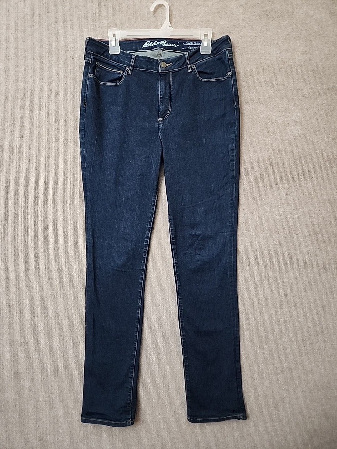 Eddie Bauer Slightly Curvy Straight Jeans Womens 12 Tall Blue Dark Wash Stretch