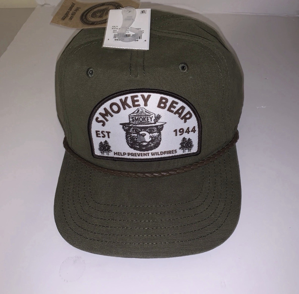 SMOKEY THE BEAR Official SnapBack Patch Hat Cap Rope Design Army Green NWT