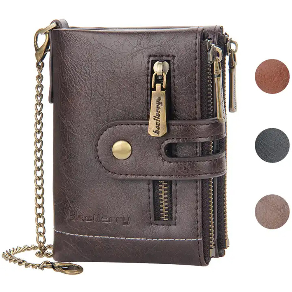 Mens Wallet Genuine Leather RFID Bifold with Chain and Double Zipper Coin Pocket