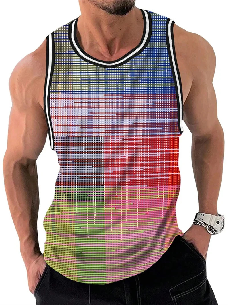 Retro Striped 3D Graphic Tank Top for Men – Sleeveless Quick-Dry Summer Vest