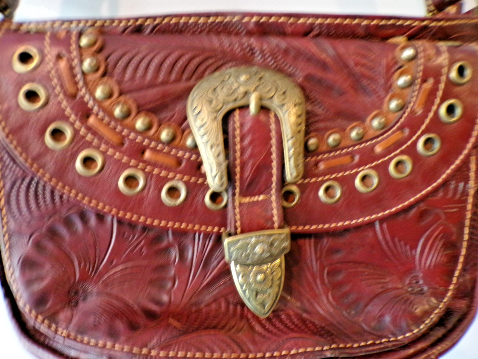 American West Hand Tooled Design Leather Handbag, Deep Red