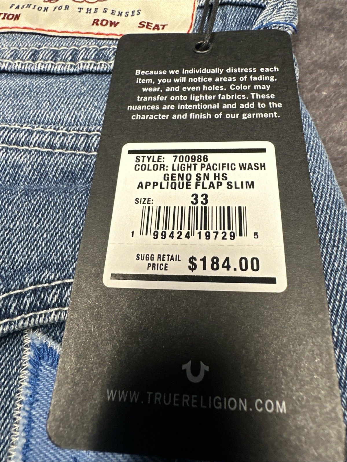 True Religion Geno “Light Pacific Wash” 33×32/Blue Relaxed Slim #700986