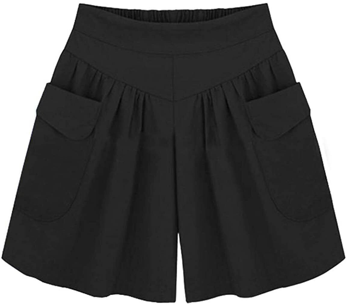 Women’s Casual Summer Elastic Waist Wide Leg Shorts Culottes with Pockets S~XXXL