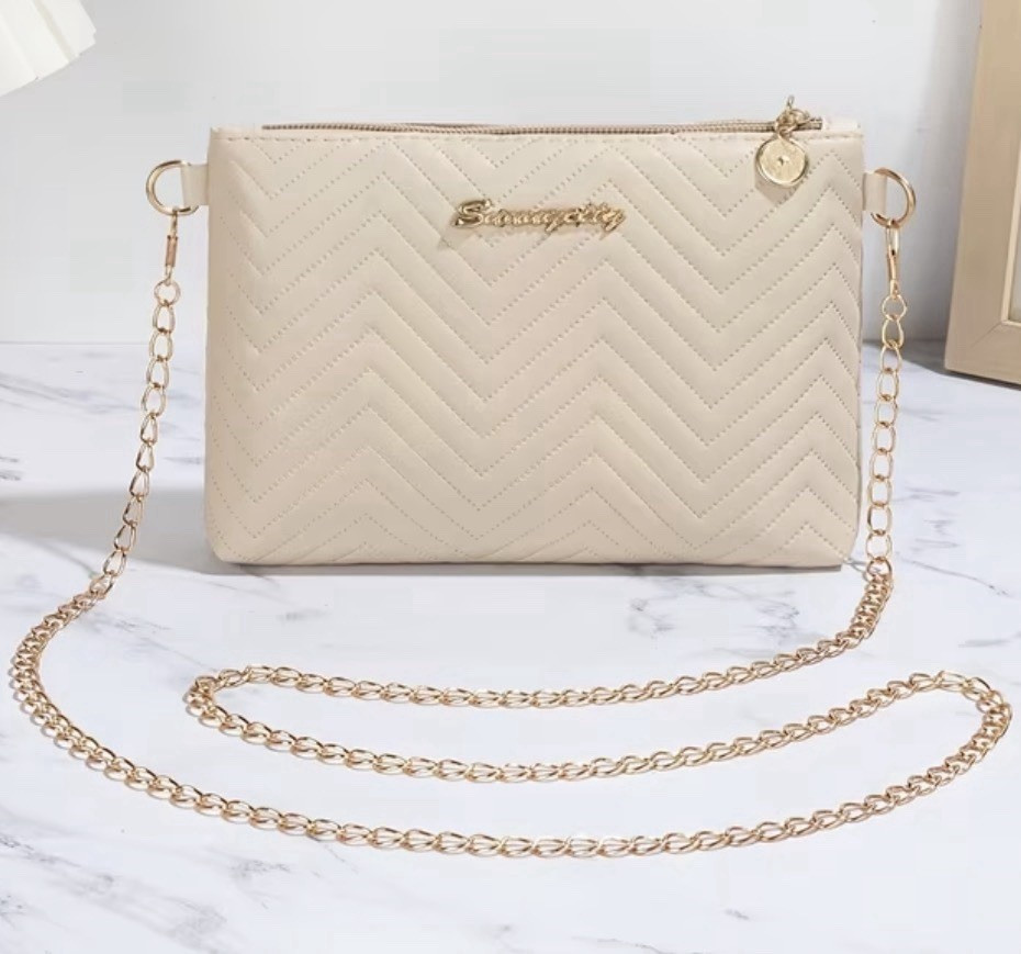 Women’s Beige Quilted Chevron Crossbody Bag, Gold Chain Strap, Zip, Lined