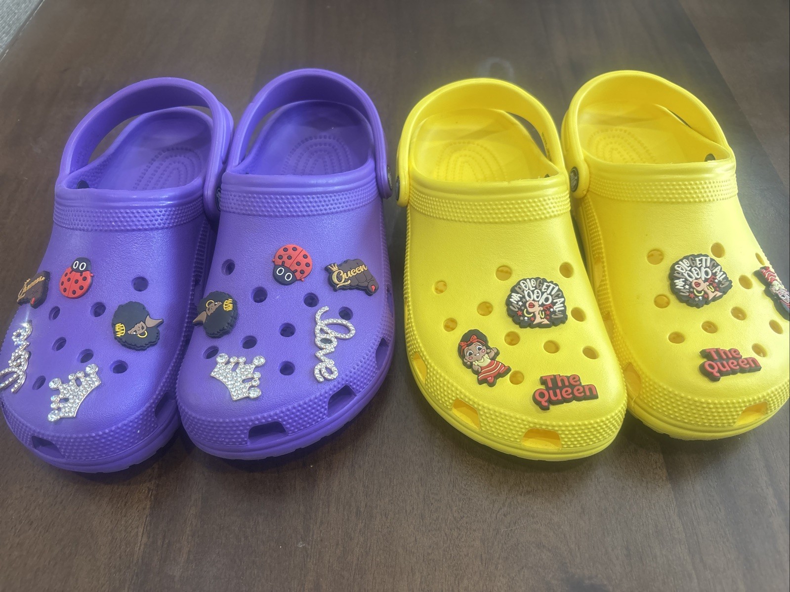 Crocs Lot Of 2 – Yellow/Purple – Womens 9 M7 – “Queen” Custom Jibbitz