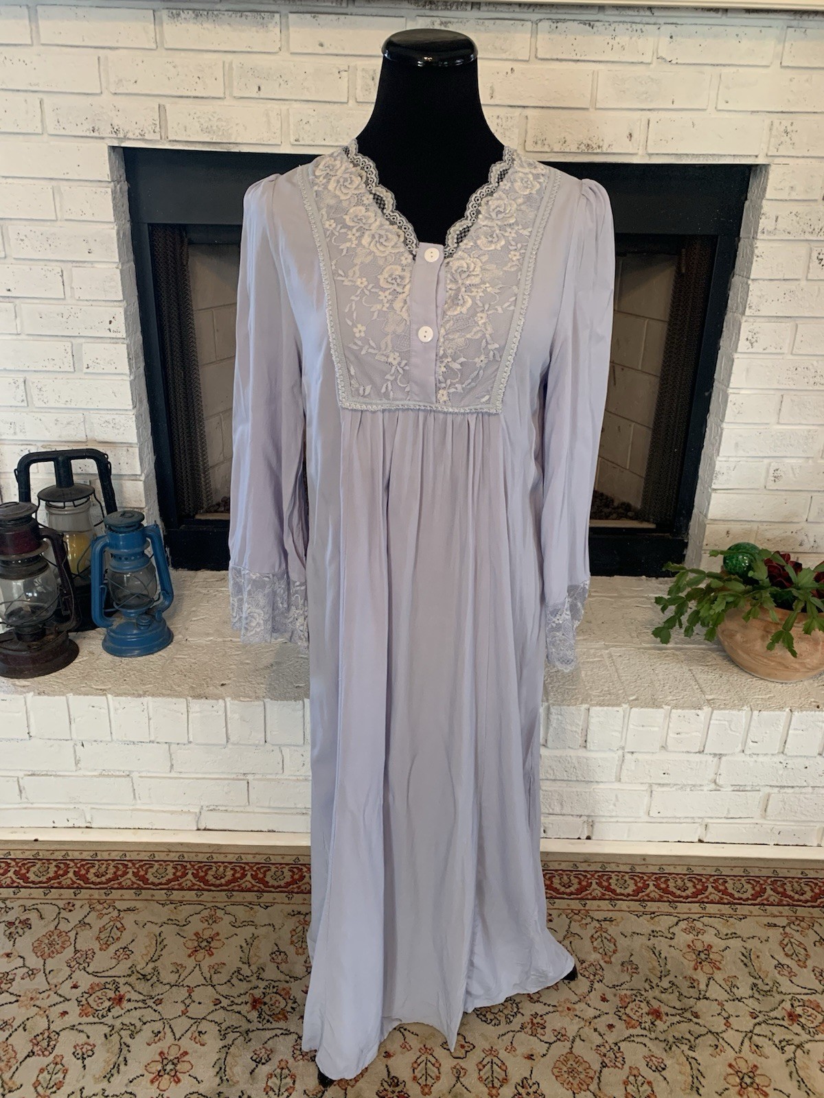 French Country Cottagecore Blue Prairie Dress Lace Trim Sz 8 ~ 36” Bust ~47” Lng