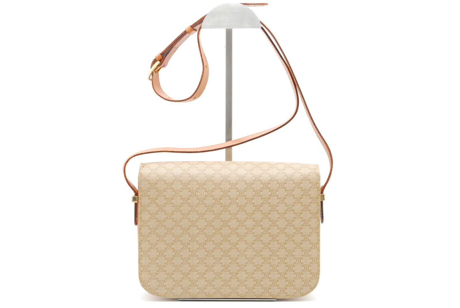 CELINE Shoulder Bag Horse Carriage Macadam PVC Leather Beige Vintage