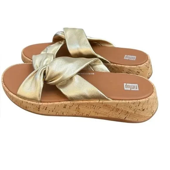FitFlop F-Mode Twist Platform Gold Leather Slide Sandals US 10 Eu 42