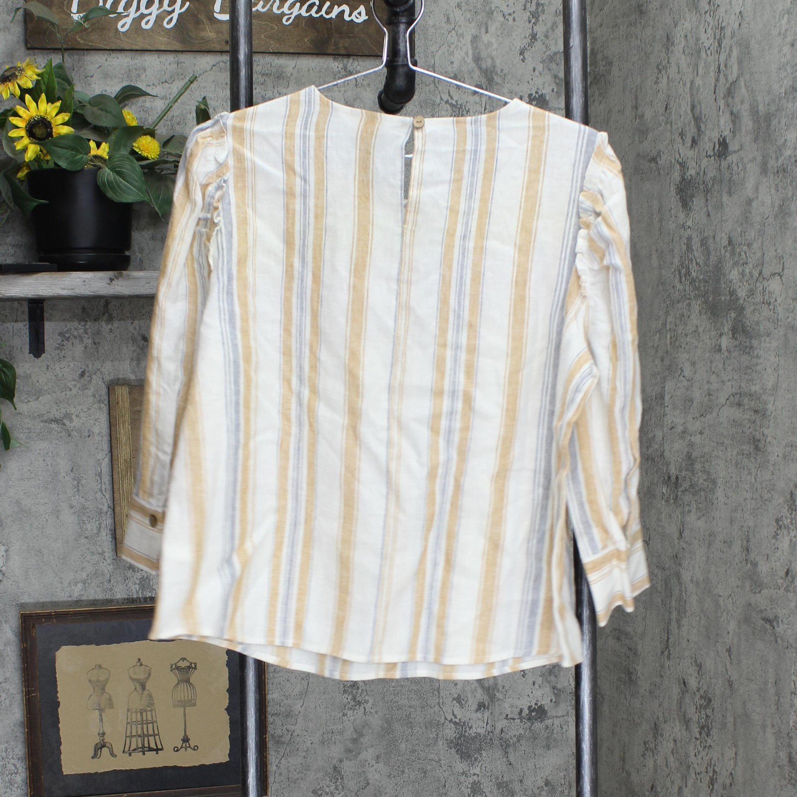 woven Long Sleeve Button Accent Blouse Shirt Top Brown Multi See Measurements