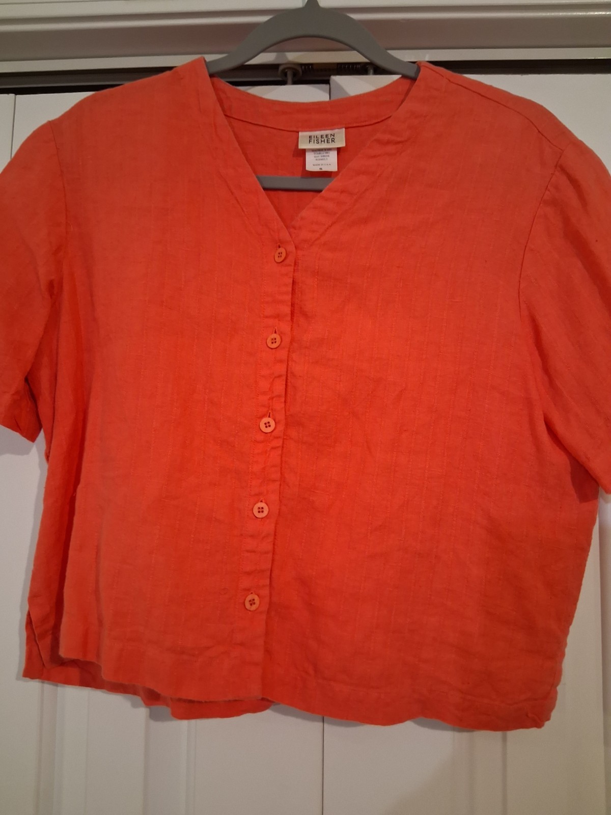 Eileen Fisher Orange Linen Woven Button Front Short Sleeve V-Neck Blouse S