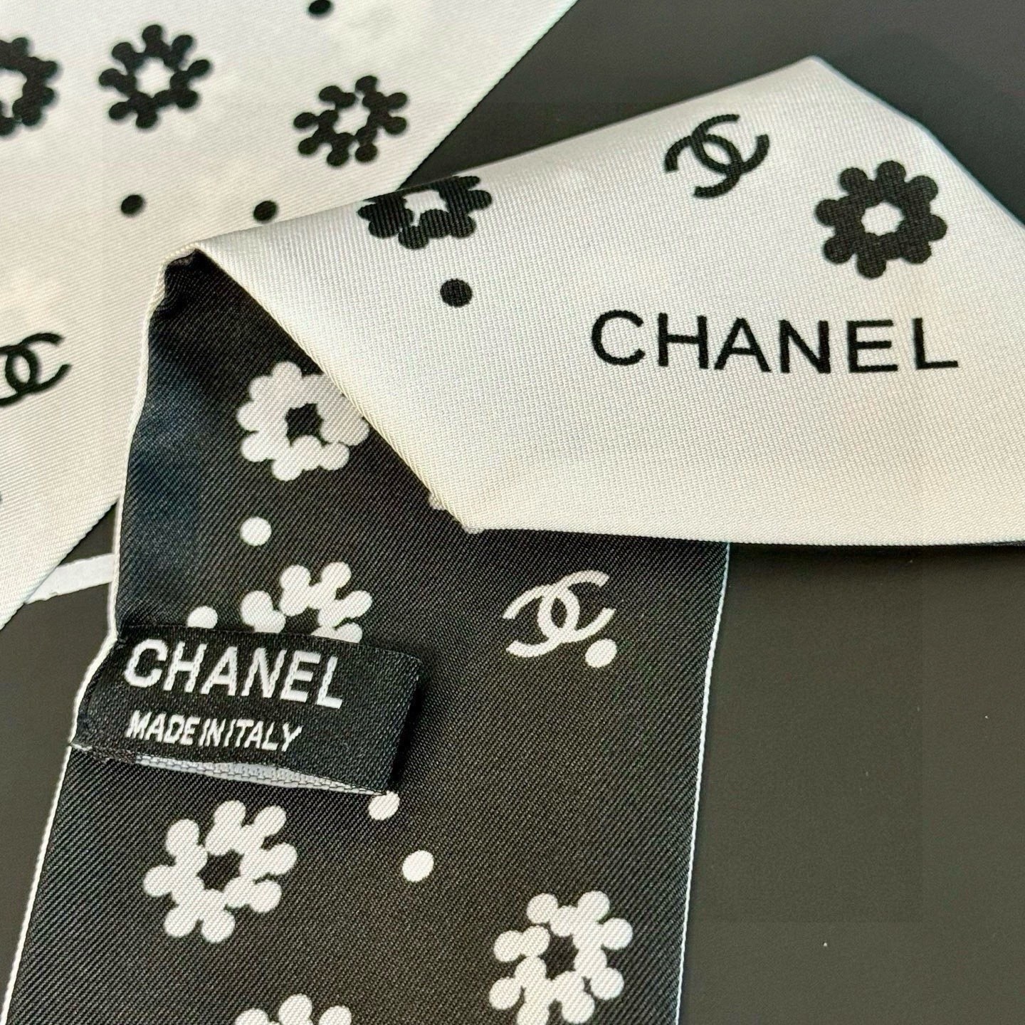 CHANEL Silk Bow Ribbon Hair Accessory, Black/White Floral Flower Print, Logo