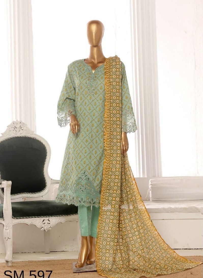 Bin Saeed Lawn Cotton 3 Pc Suit-premium Cut Work Emb- Aline Style-M & L – $44