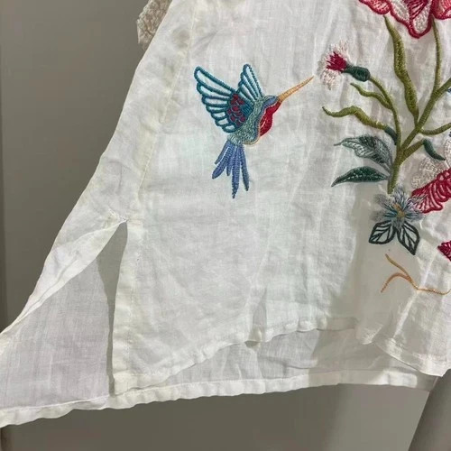 NWOT Johnny Was 100% Ramie Embroidered Floral Button-Down Tunic Shirt Blouse S