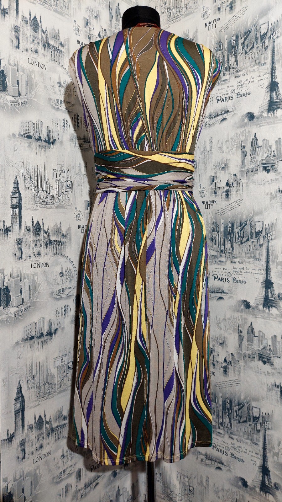 ​Max Mara Studio Vacillo Knotted Dress XL Abstract Swirl V-Neck Sleeveless Knee
