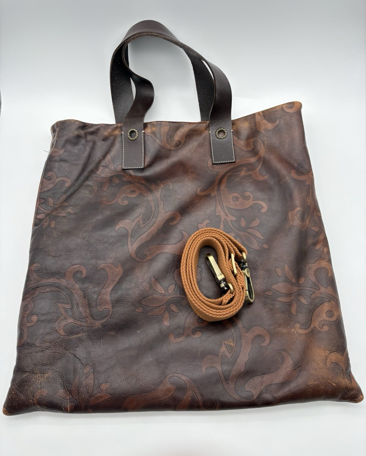 FALOR Italy Tote Bag, Tan Brown Leather Embossed Paisley Large Bag, 16″ x 16″