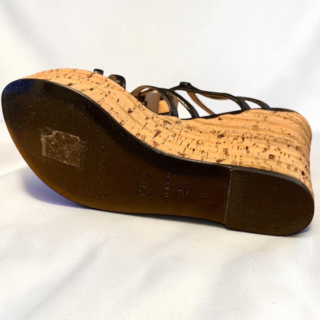 CHANEL CC Logo Coco Mark Patent Leather Strappy Cork Wedge Sandals US 5