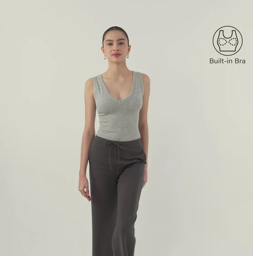 Stretch V-Neck Cotton Airy Bra Tank Built-In Support High-Hip Fit | Heather Grey