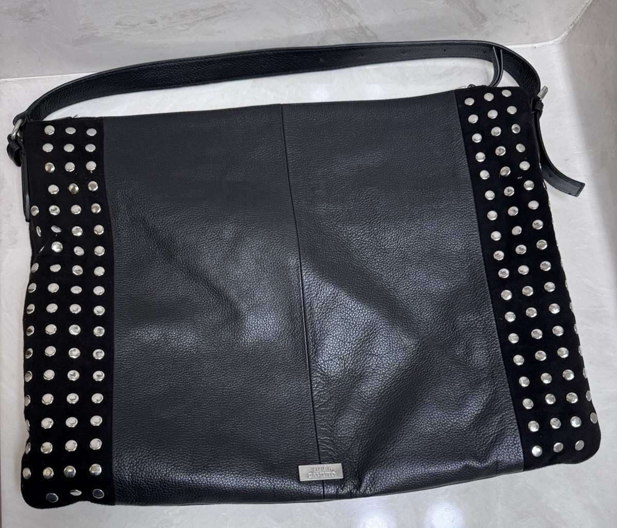Vince Camuto Ezzah Black Pebbled Leather Large Shoulder Bag Metal Studded