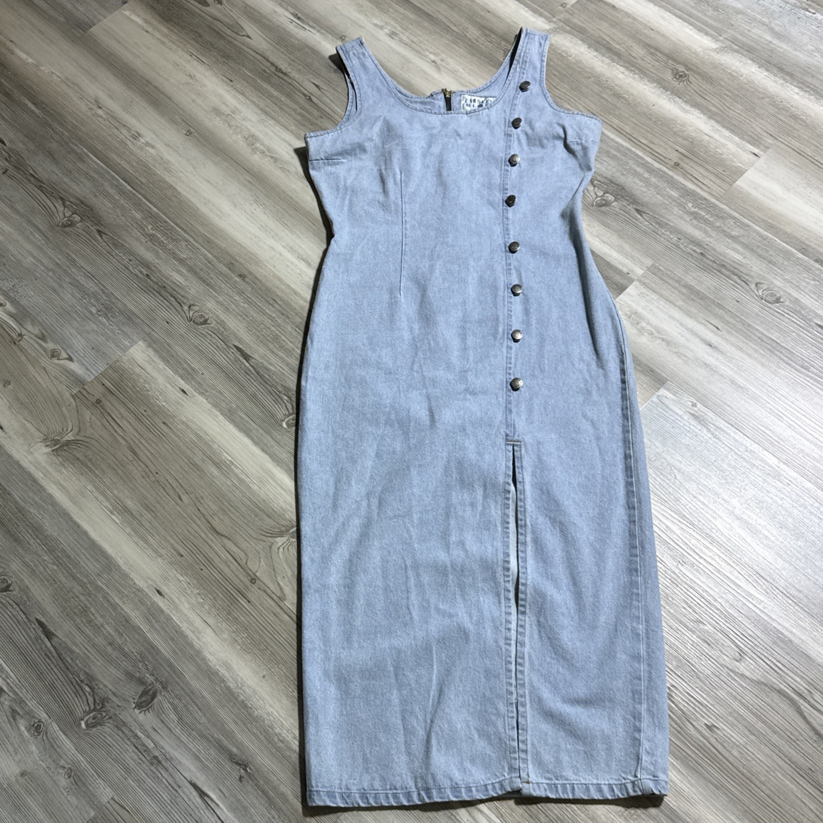 Vtg Denim Dress Maxi Buttons size L Western Rockabilly Zips Form Fitting RARE