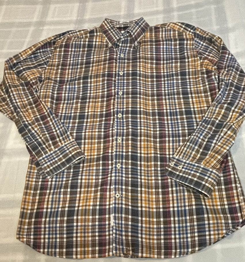 Mens Peter Millar Long Sleeve Plaid Button Down Dress Shirt Sz XL Brown Blue Tan