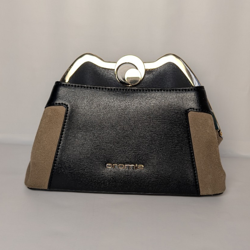 Cromia Women’s Clutch Kiss Lock Black/Beige Gold-Tone Frame Detachable Strap