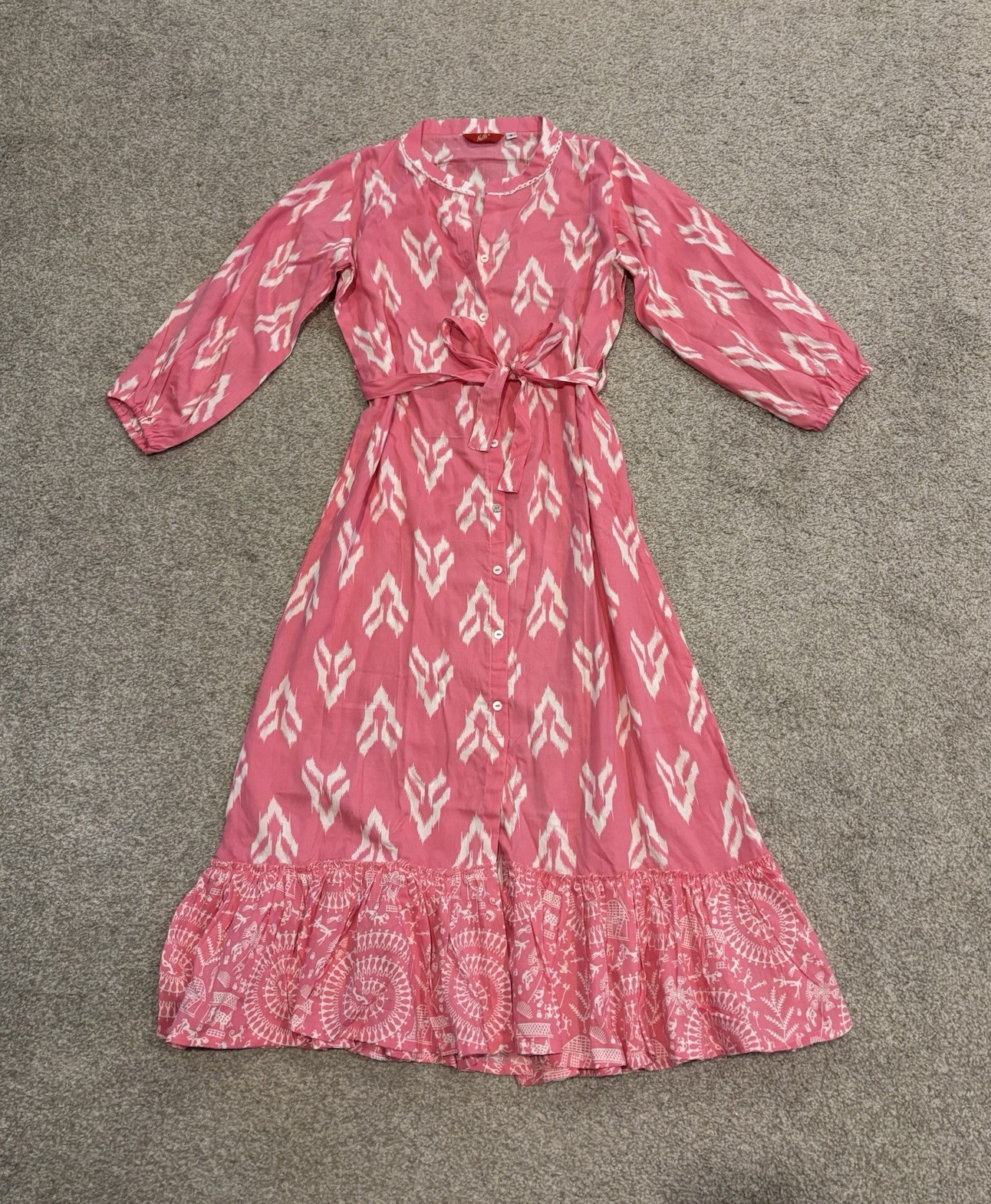 Indian Ikat Print Pink Kurti Dress Cotton Blend Tie Waist Ruffle Hem Boho Maxi