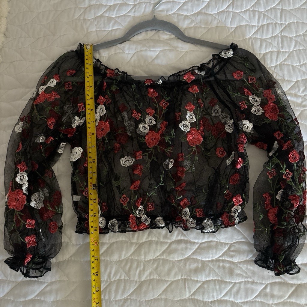 Women’s Black Sheer Mesh Floral Embroidered Square Neck Puff Sleeve Crop Top XL