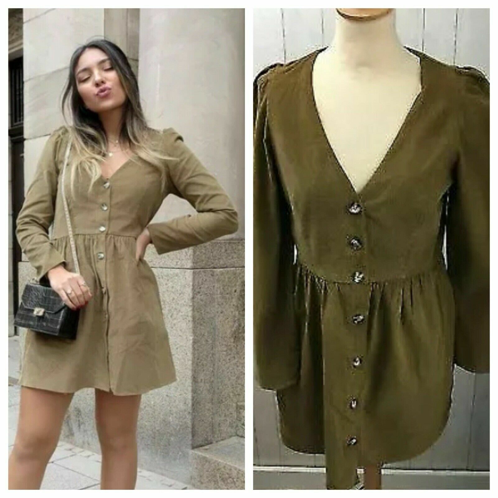 Zara Button Up Corduroy Mini Dress Green Fall Small New Retro Vintage Twee