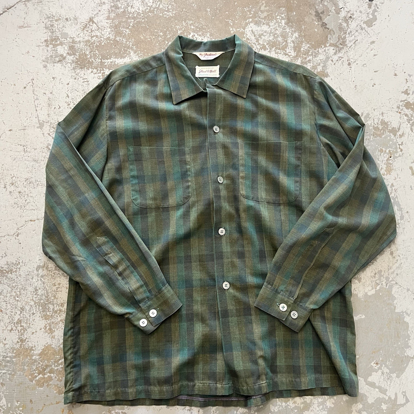 Vintage 50s Stradivari Loop Collar Shirt Medium L 33 Rockabilly Shadow Plaid Vtg