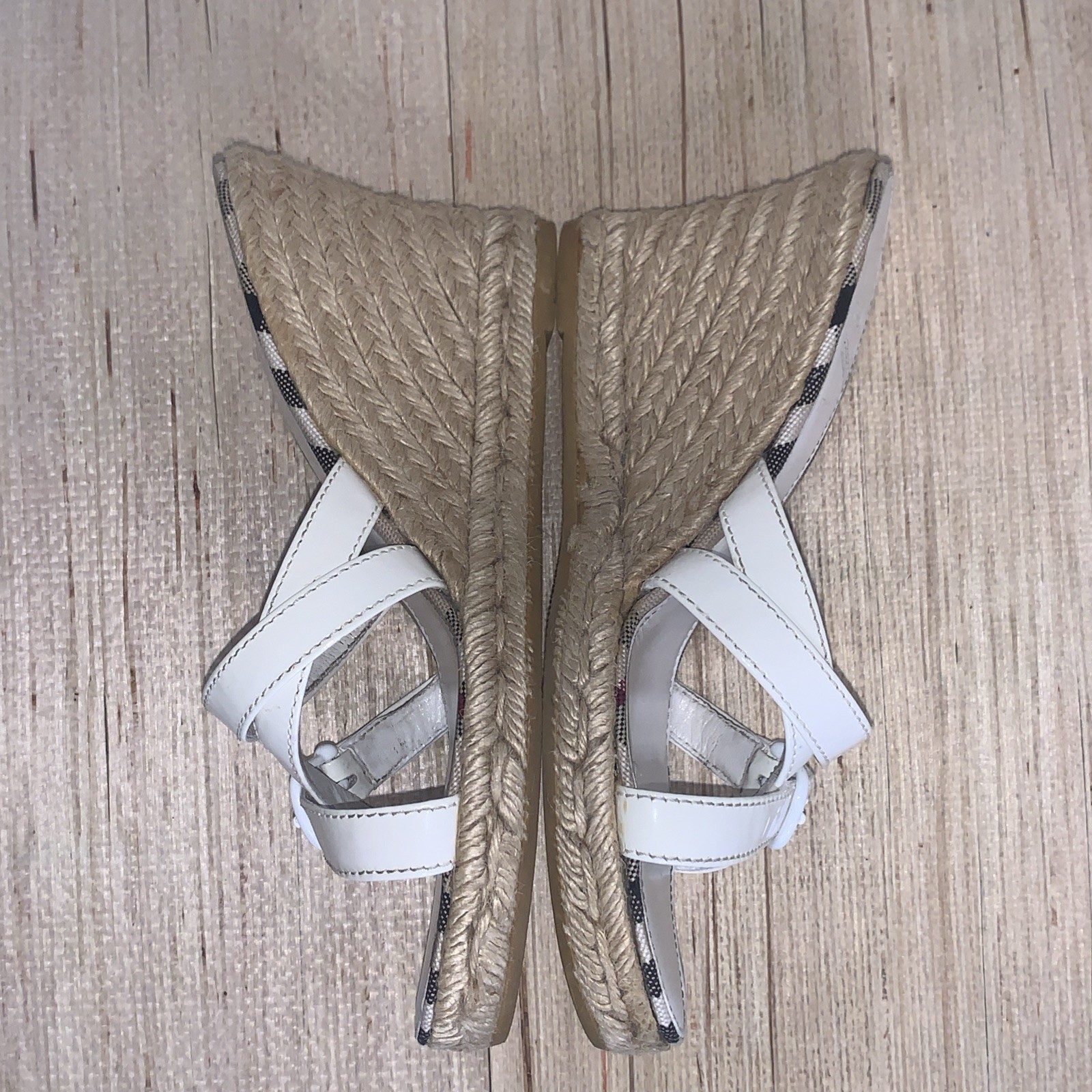 Burberry Nova Check Patent Leathe Plaid Jute Wedge Espadrille Sandals Coastal 37