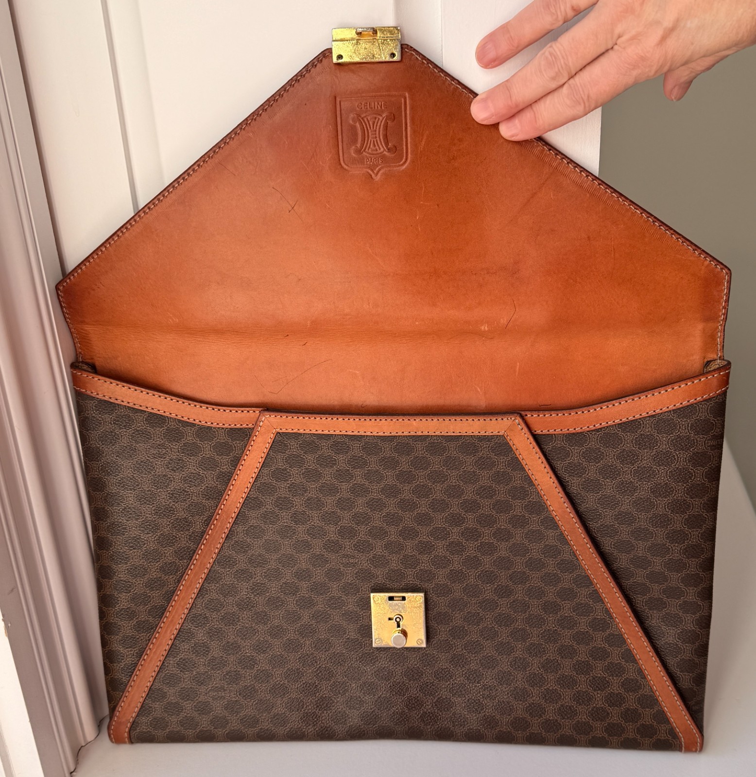 Vintage CELINE Envelope Clutch Portfolio, Brown Monogram Leather, Authenthic