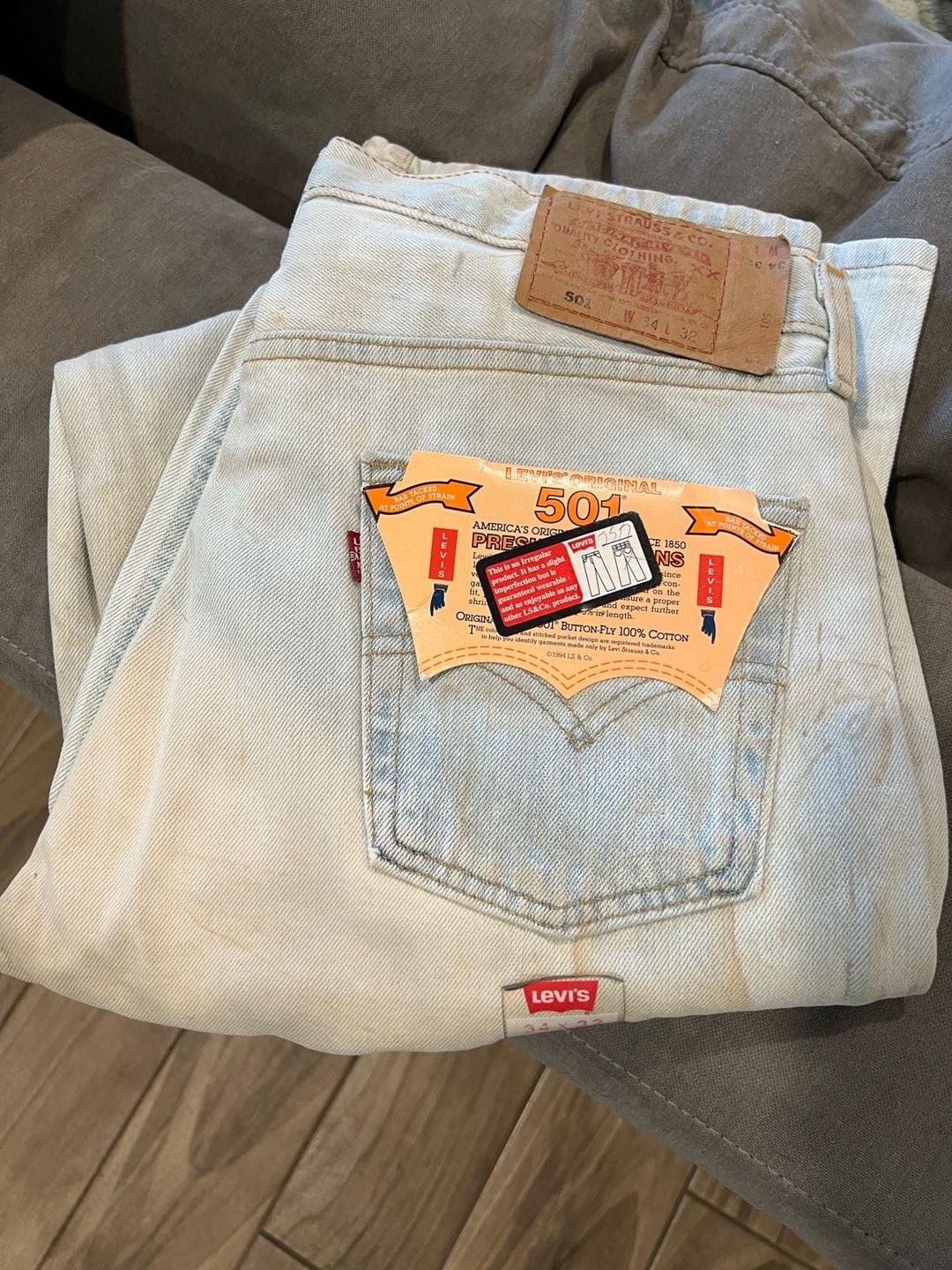 NWT Vintage 1994 Levi’s 501 Original Button Fly Jeans Deadstock Irregular 34×32
