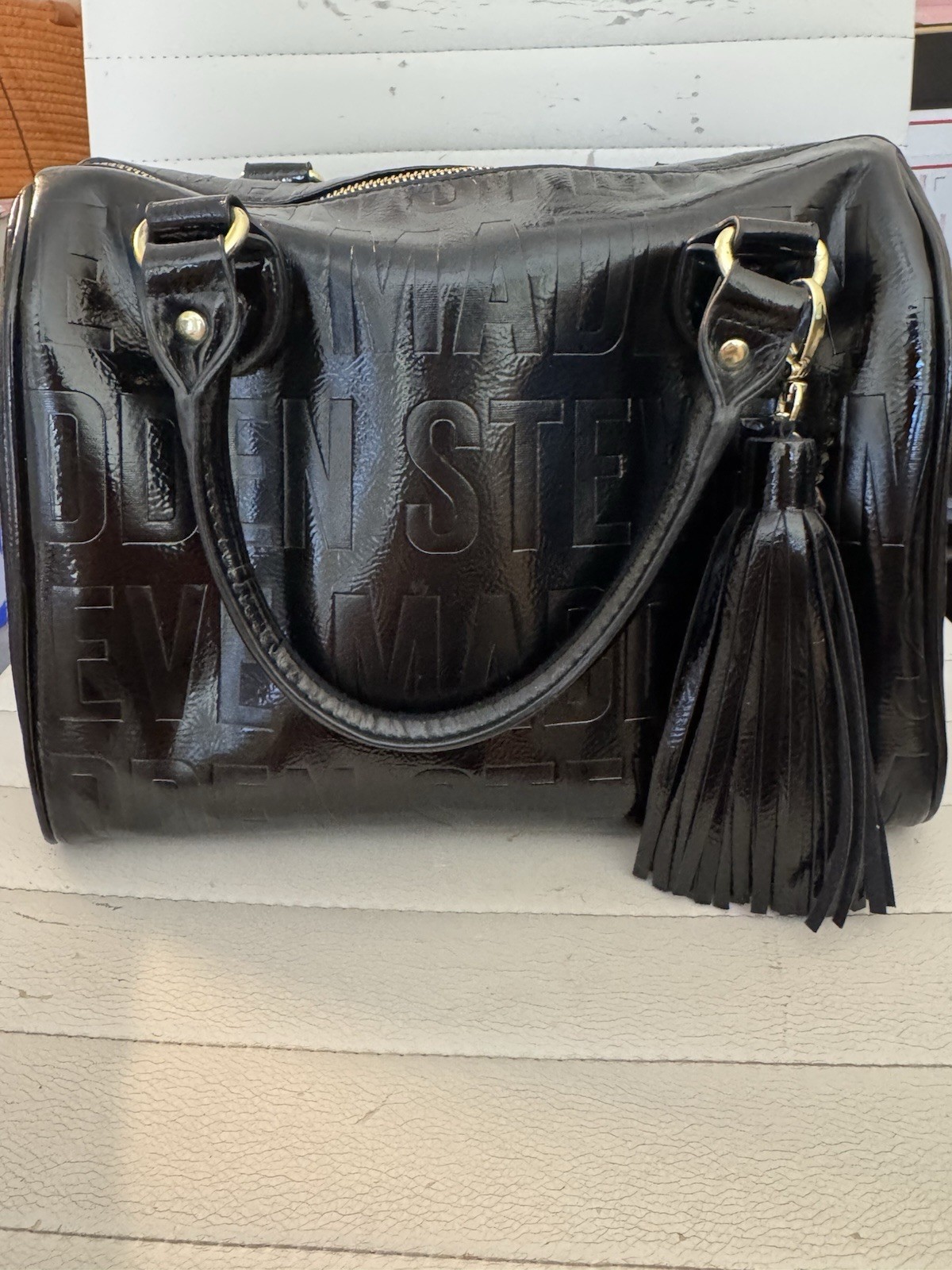 Steve Madden Black Patent Finish Satchel Zip Top Gold Hardware Tassel Pockets