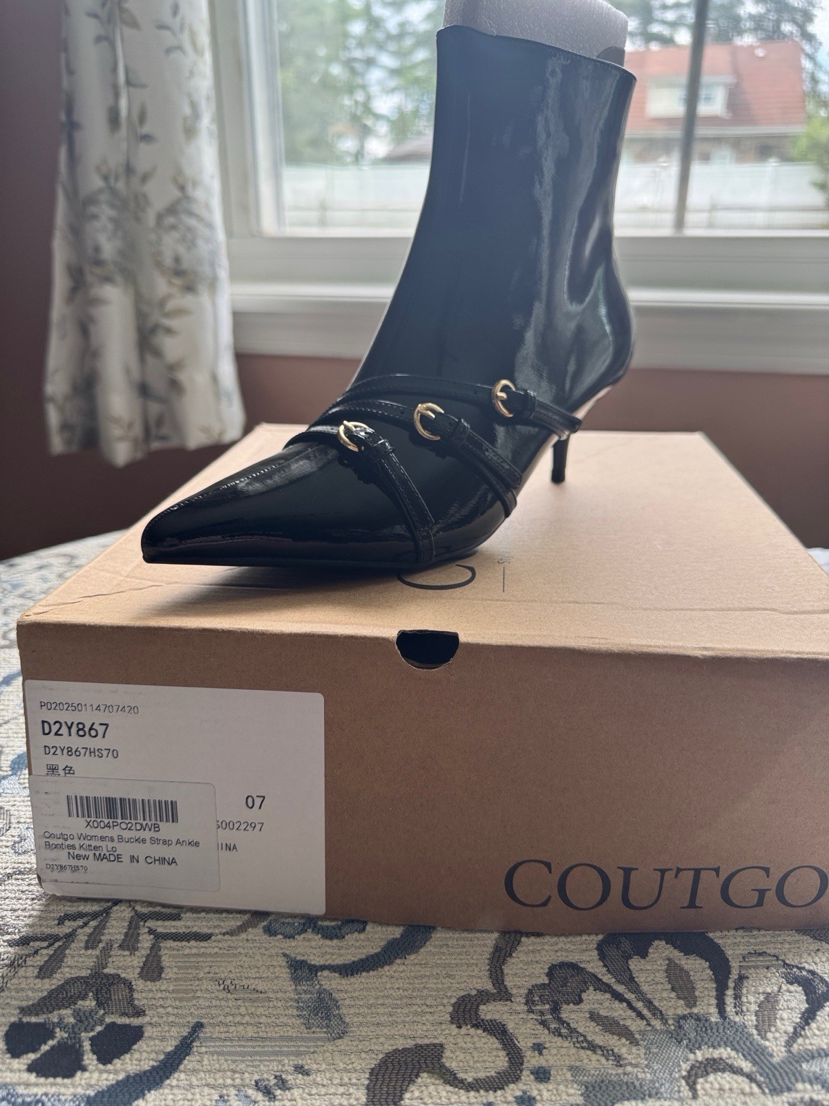 Coutgo Womens Buckle Strap Ankle Booties Kitten Low Heel Pointed Toe Size 7