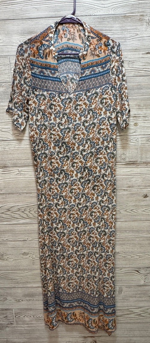 KOANDAILY Women’s M Long Floral V-Neck 3/4 Sleeve Maxi Dress Beige Blue Orange