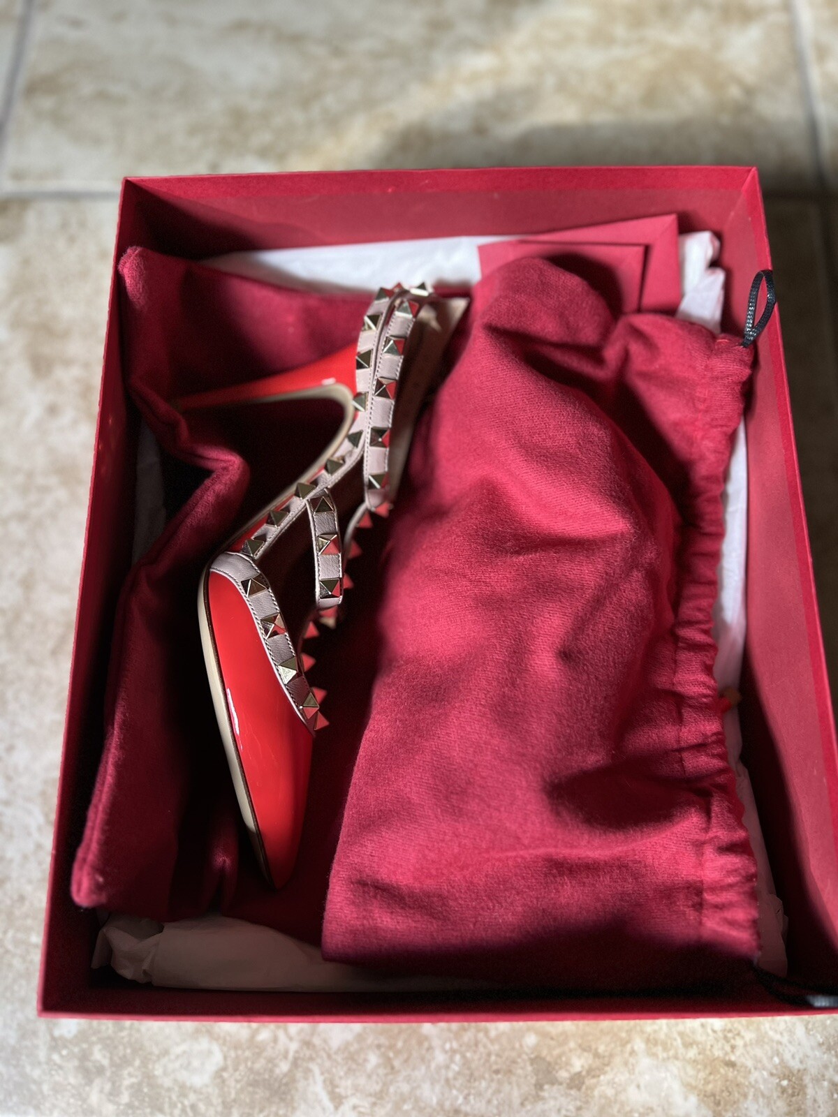 Valentino Studded Ankle Strap Stiletto Pointed Toe Leather Heels Red 36.5