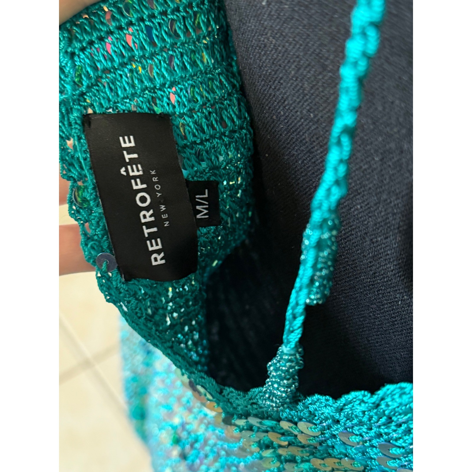 Retrofête Teal Sequin Crochet Mini Dress Open Back Iridescent Green M/L